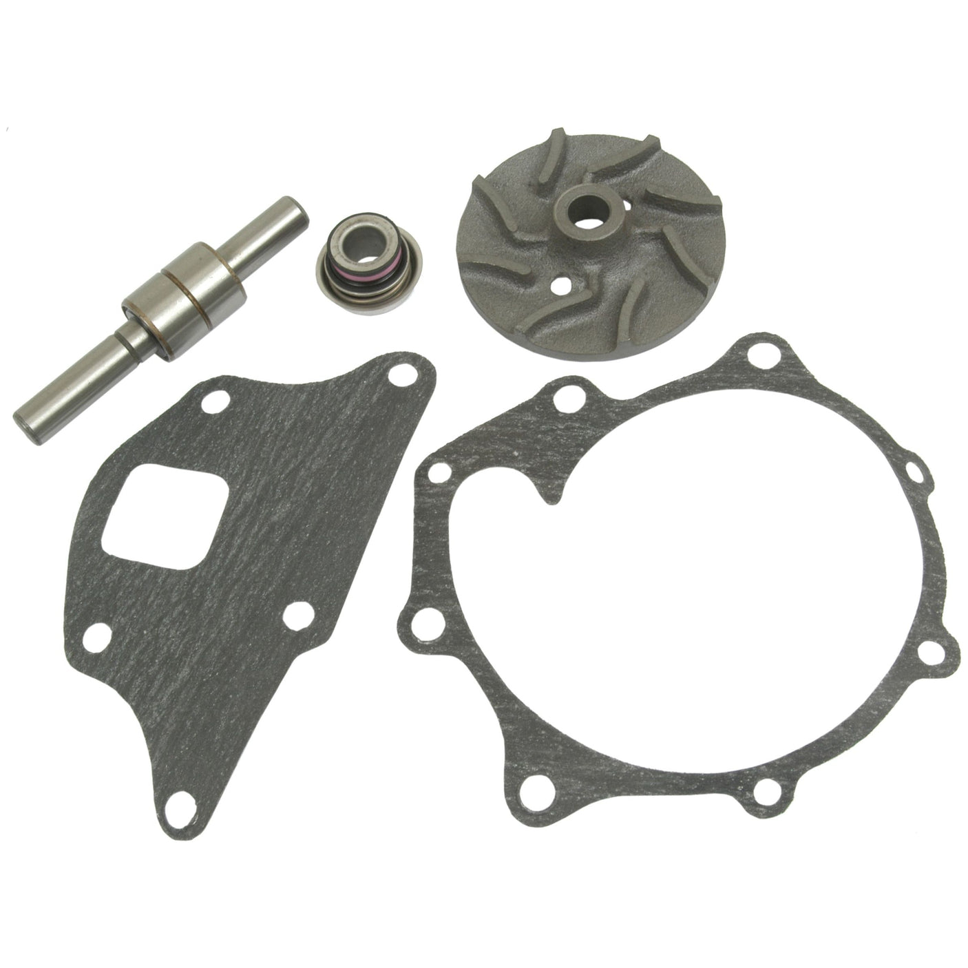 An assortment of metal and gasket components, featuring a shaft with a ceramic seal, impellers of varying diameters, and variously shaped gaskets, all arranged on a white background. Available as part of the Sparex Water Pump Repair Kit (Sparex Part No.S.65022).