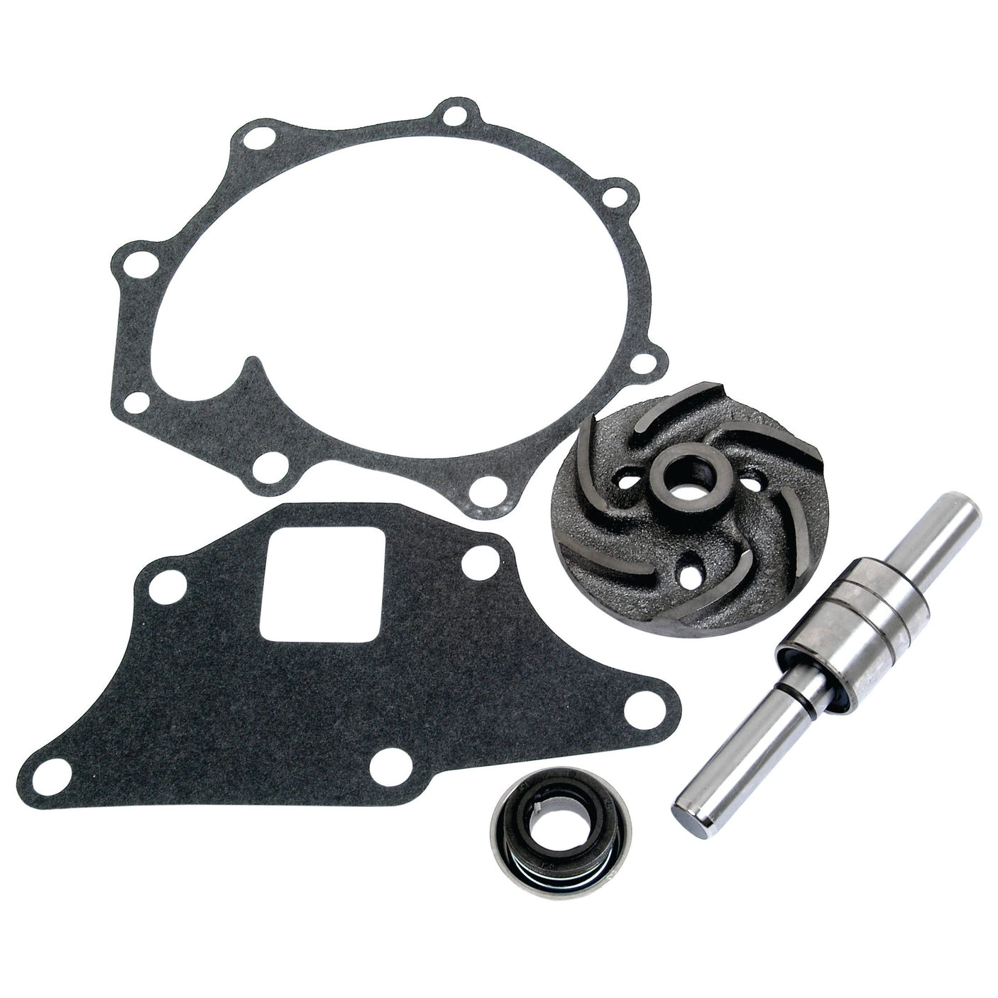 Image of the Sparex Water Pump Repair Kit (Part No. S.65023), featuring a gasket, an impeller with a ceramic seal facing, a shaft with bearings, and a seal.