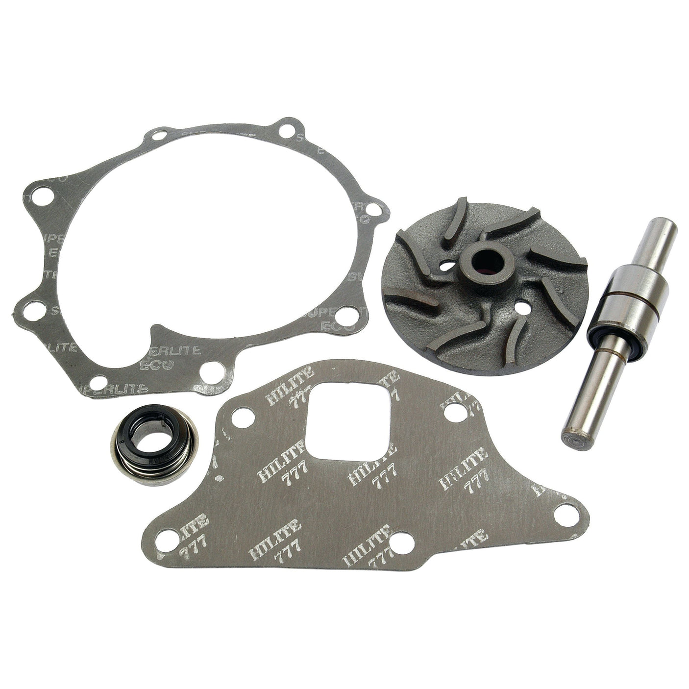 Image displaying components from the Water Pump Repair Kit (Sparex Part No. S.65024) by Sparex, featuring various metal mechanical parts like gaskets, a bearing, a shaft, and an impeller with specified diameters, all arranged on a white background.