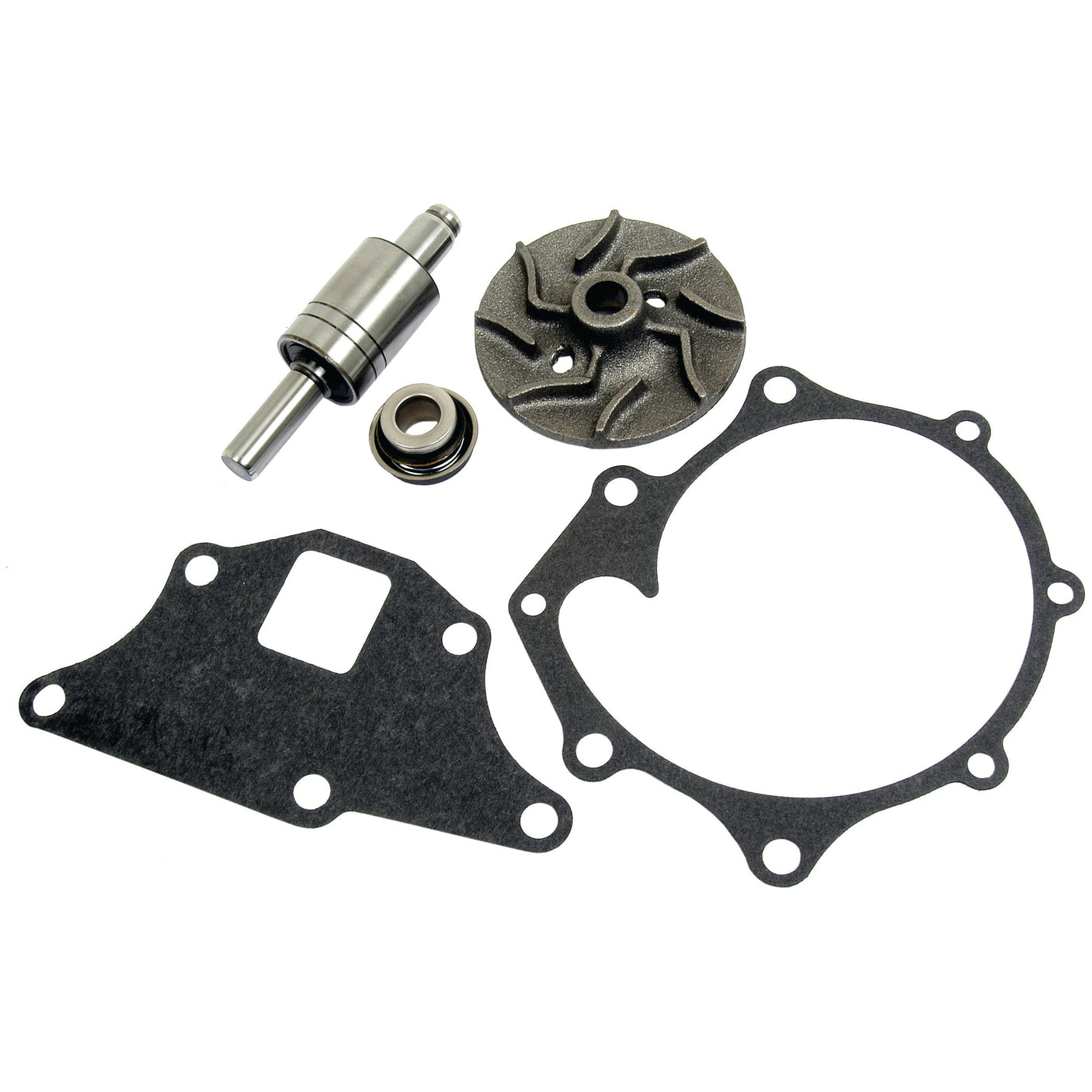 Image of the Sparex Water Pump Repair Kit (Sparex Part No. S.65026) containing a gasket, a metal impeller with a 4.13'' diameter, a shaft with bearing, a mechanical seal, and a shaped gasket.