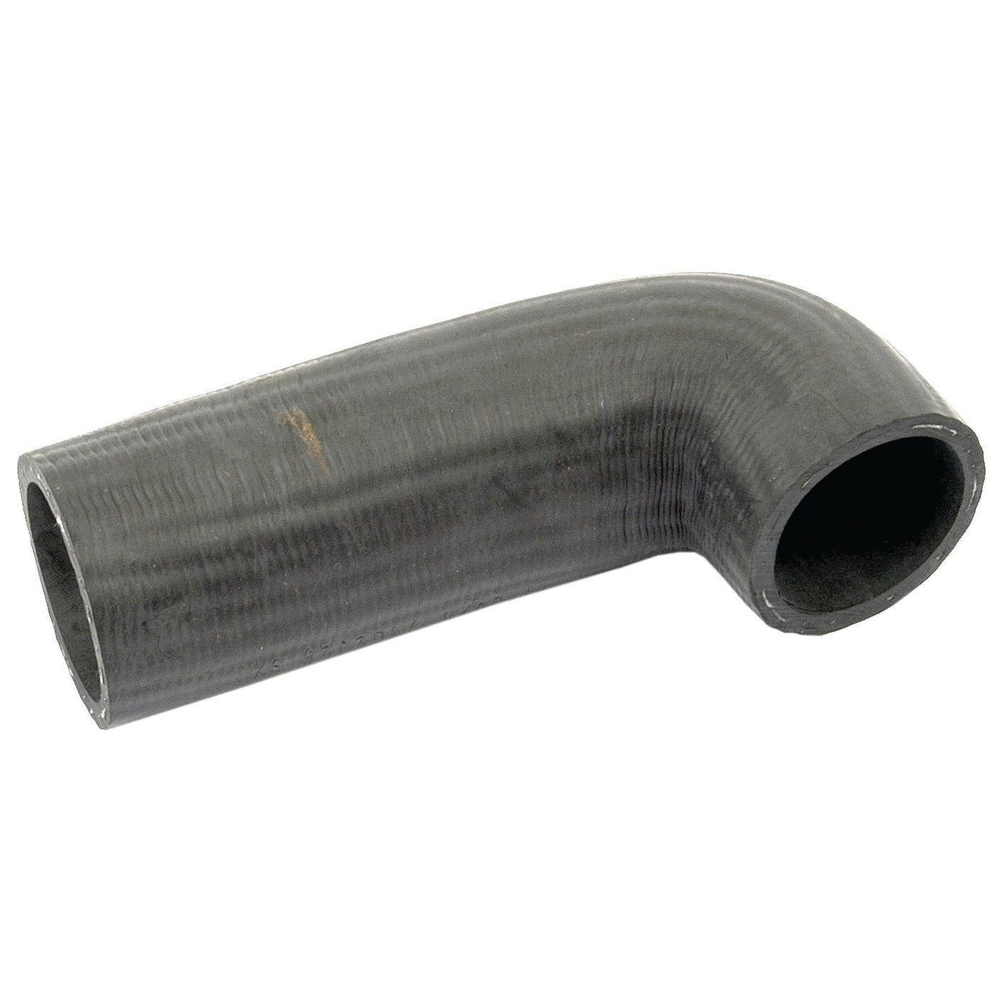 A black rubber elbow hose, specifically the Sparex Inlet Hose (Part No. S.65028), features a 90-degree bend with an inner diameter of 43mm on both ends. It is commonly used for automotive or industrial fluid transfer applications and often fits perfectly with Ford / New Holland machinery.