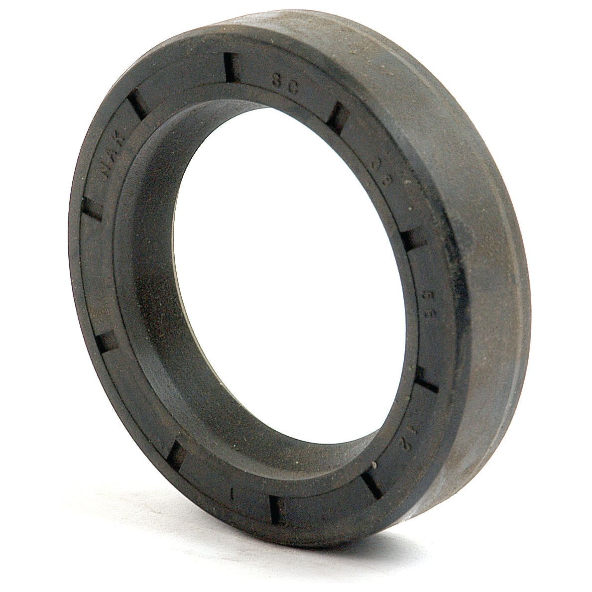 A solitary black rubber oil seal with a slightly raised outer edge, perfect for machinery or automotive applications, stands upright against a white background. This is the Sparex Metric Rotary Shaft Seal, 45 x 68 x 12mm (Sparex Part No.S.65036), which is compatible with Ford/New Holland Tractors.