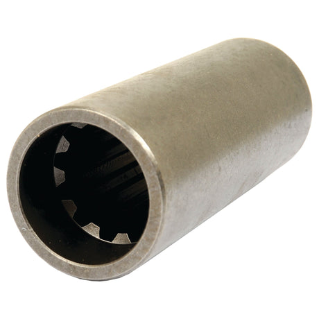 The Drive Train Coupling (Sparex Part No. S.65085) from Sparex is a cylindrical metal component with a hollow interior, featuring an internal spline design, making it ideal for use in drive train coupling systems.