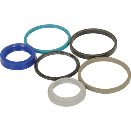 A variety of six colored O-rings and seals from the Seal Kit (Power Steering) by Sparex, ideal for International Harvester or Case IH machinery, are arranged on a white background. The rings differ in color and material, including blue, green, black, grey, and beige—perfect for your power steering system needs.