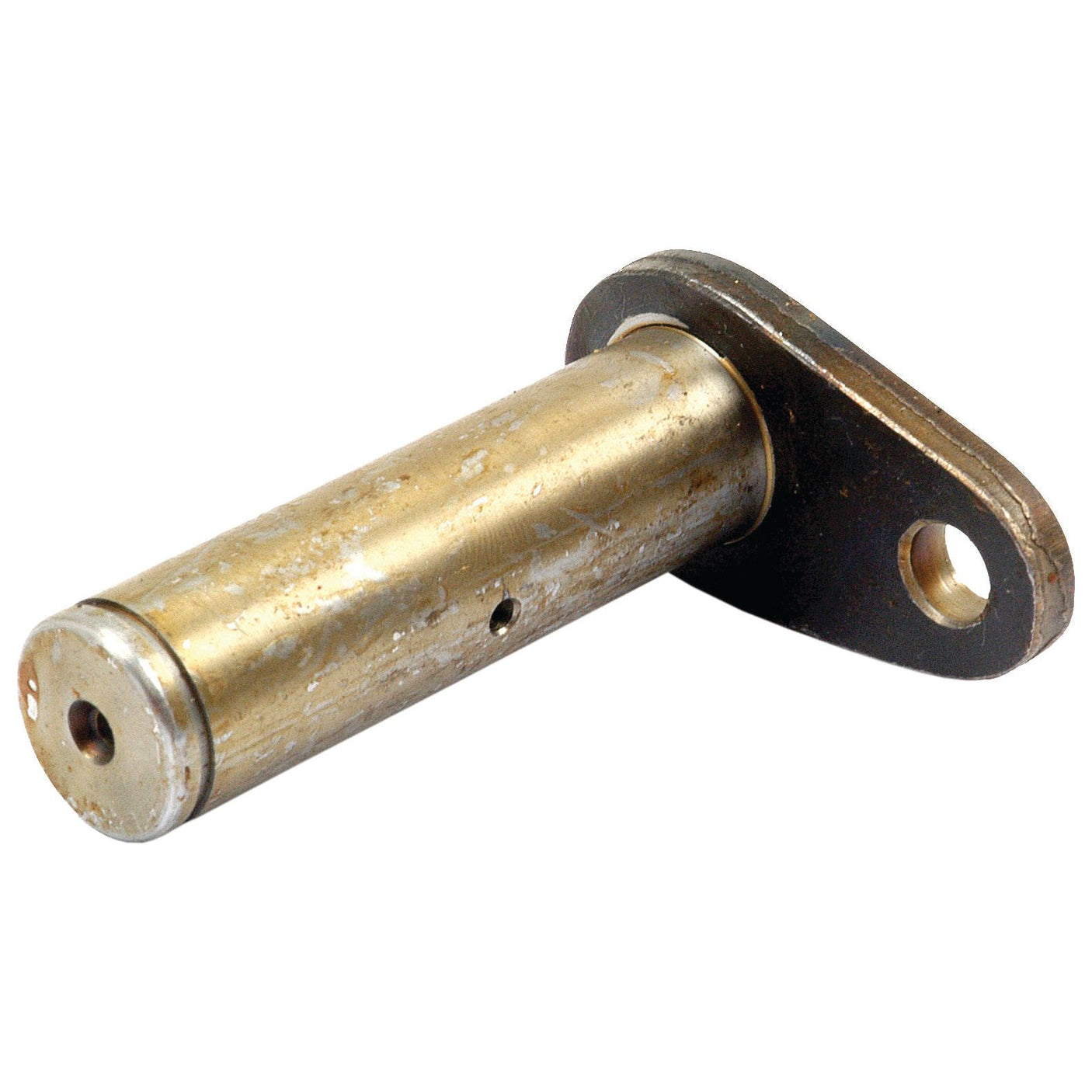 The Pin (Sparex Part No. S.65096) by Sparex is a metallic cylindrical object with a rusty appearance, resembling a Steering Cylinder, featuring a hole at one end and a flat mounting plate with a bolt hole at the other end.