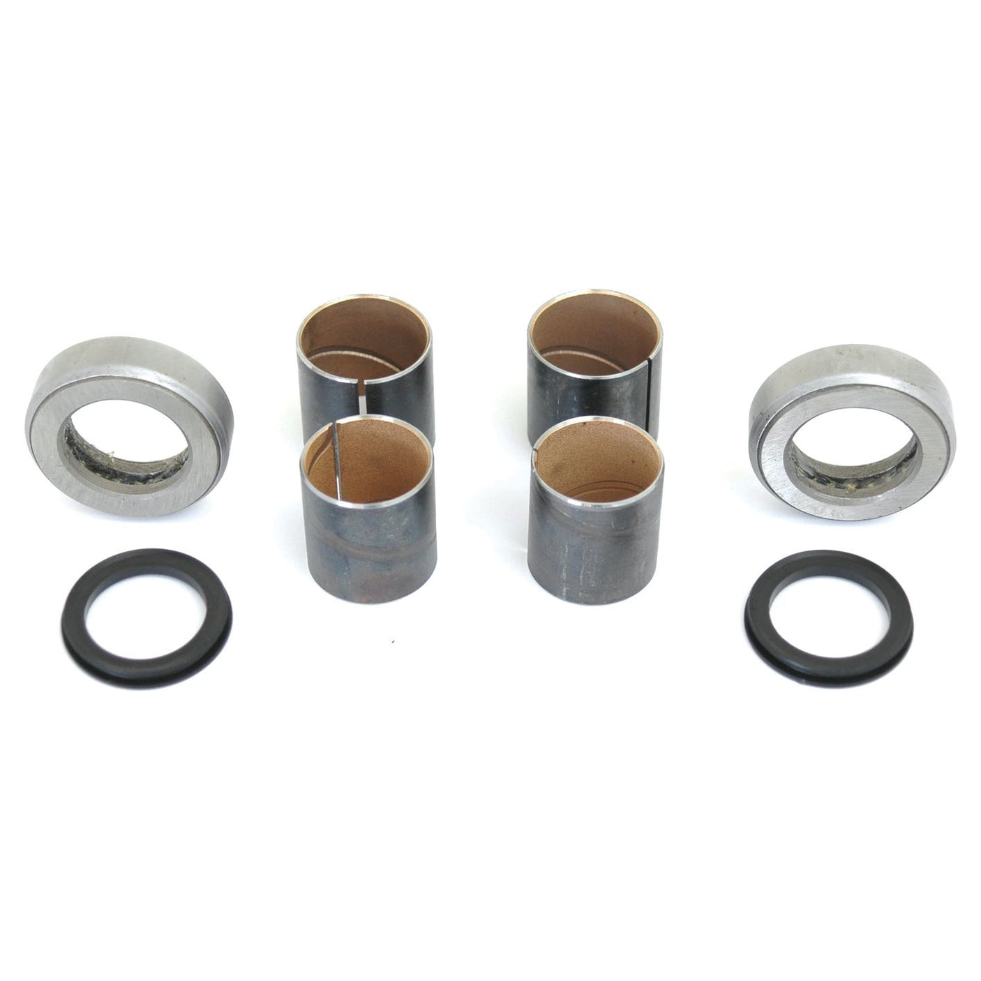 Six cylindrical metal bushings and two black O-rings, part of the Sparex Spindle Repair Kit (Sparex Part No. S.65107) suitable for Ford New Holland tractors, are arranged neatly on a white background.