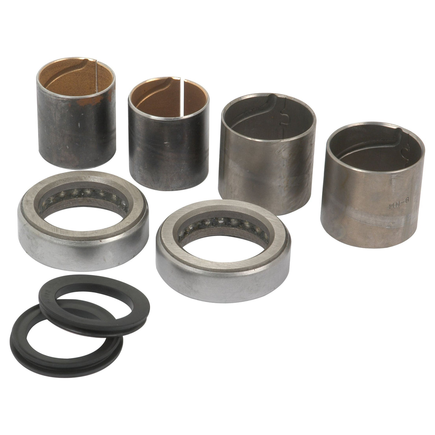 Various metal cylindrical bearings and rings, some with inner lining, are arranged alongside black rubber washers on a white background—ideal components from the Spindle Repair Kit (Sparex Part No. S.65108), compatible with Ford New Holland machinery.