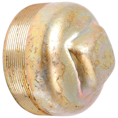 A damaged, dented metallic pipe plug with visible thread lines and various scratches, reminiscent of a weathered Sparex Hub Cap (Sparex Part No. S.65132).