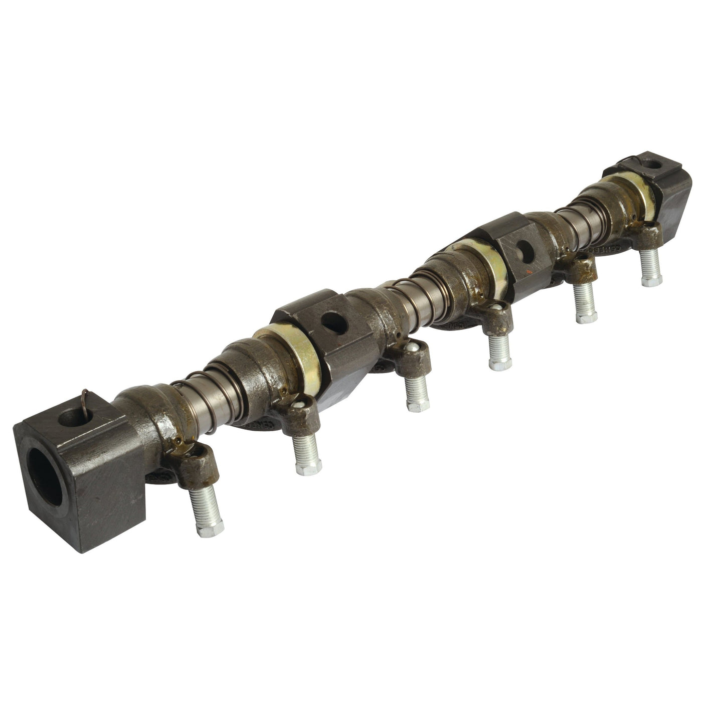 The Rocker Shaft Assembly (3 Cyl.), Sparex Part No. S.65144 by Sparex, is a metal camshaft featuring multiple lobes, springs, and bolts, designed specifically for use in 3-cylinder internal combustion engines for Ford/New Holland applications.