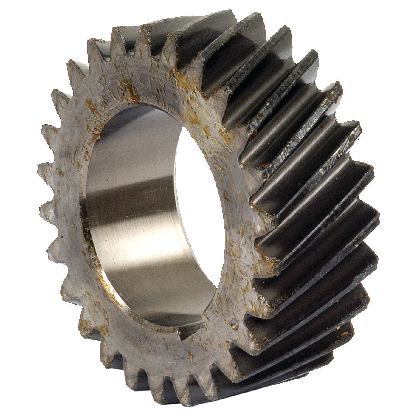 The product depicted is a worn and rusted metallic crankshaft gear, featuring helical teeth and a central hollow cylinder, isolated against a white background. This part, S.65149 from the Sparex catalog, is compatible with Ford/New Holland models.