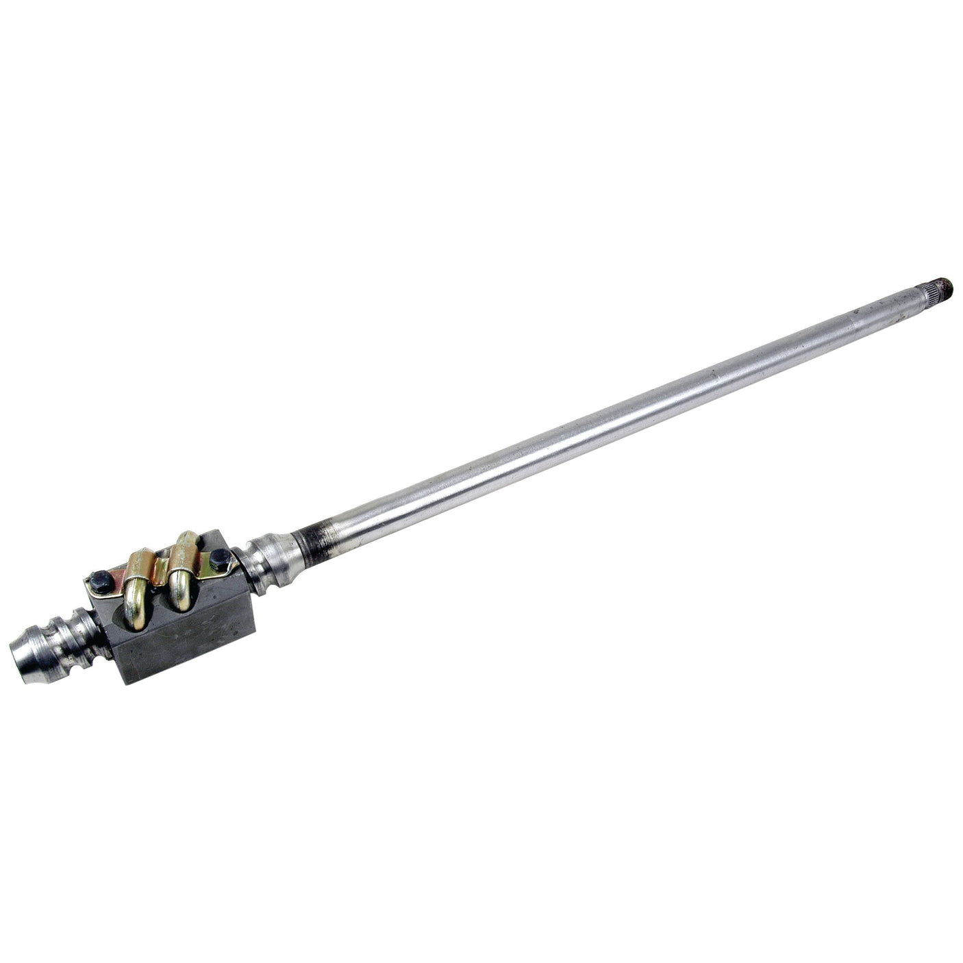 A long metal rod, known as the Steering Shaft (Sparex Part No. S.65156), is connected to a rectangular mechanical component with various fittings and connections. Ideal for Ford / New Holland machinery, it's also compatible with Sparex parts.