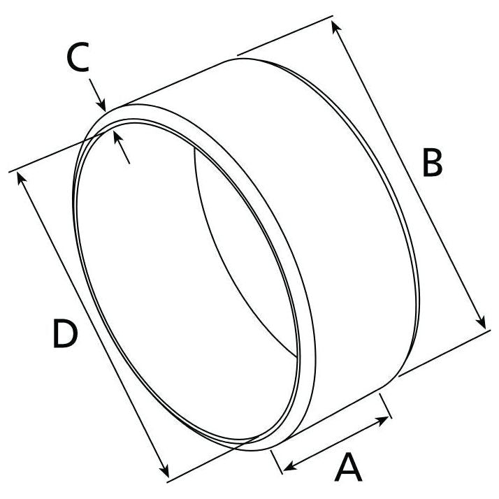 Technical drawing of a cylindrical object with labeled dimensions: A represents the length, B the height, C the thickness, and D the diameter of the object, much like how parts are detailed for machinery such as New Holland 7610 or Fiat M115. For example, consider a Small End Bush with an ID of 38mm offered by Sparex under Sparex Part No. S.65171.