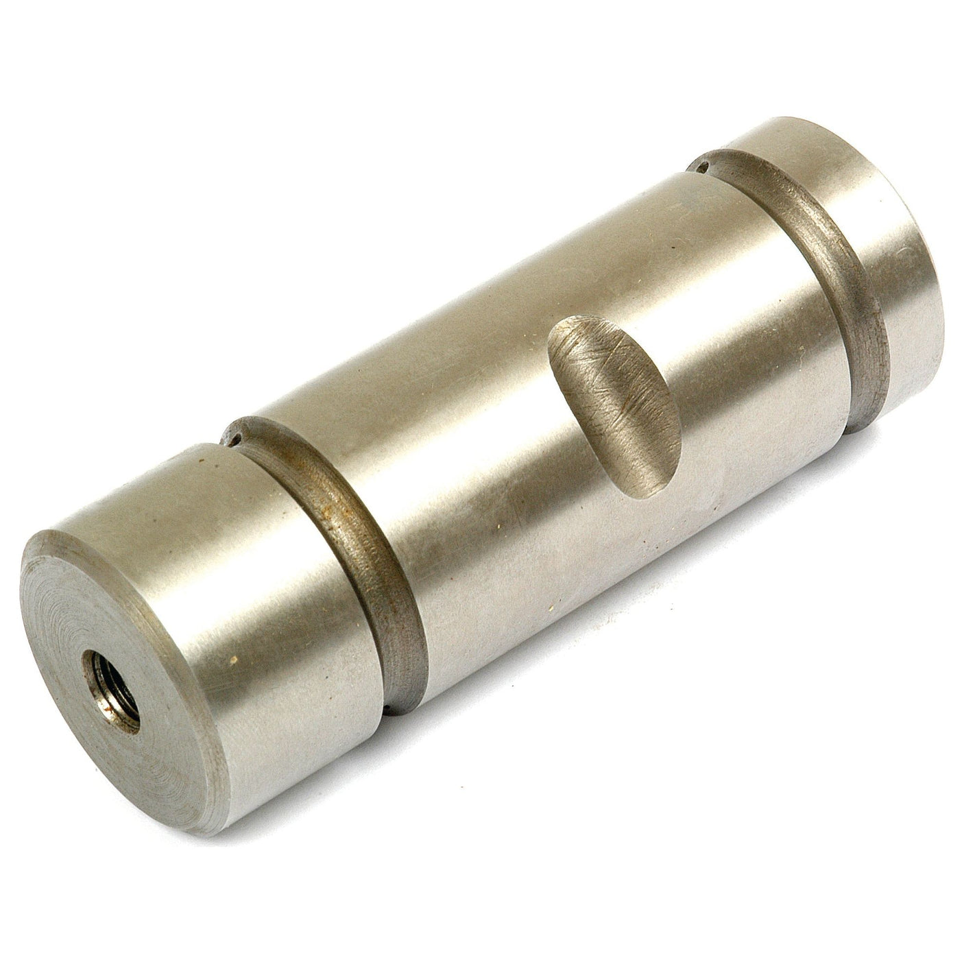 A metal cylindrical part with a central groove and threaded holes at both ends, ideal for compatibility with Ford/New Holland Steering Arm Shaft models. This Steering Arm Shaft, Sparex Part No. S.65179 by Sparex, ensures precise fit and reliable performance.