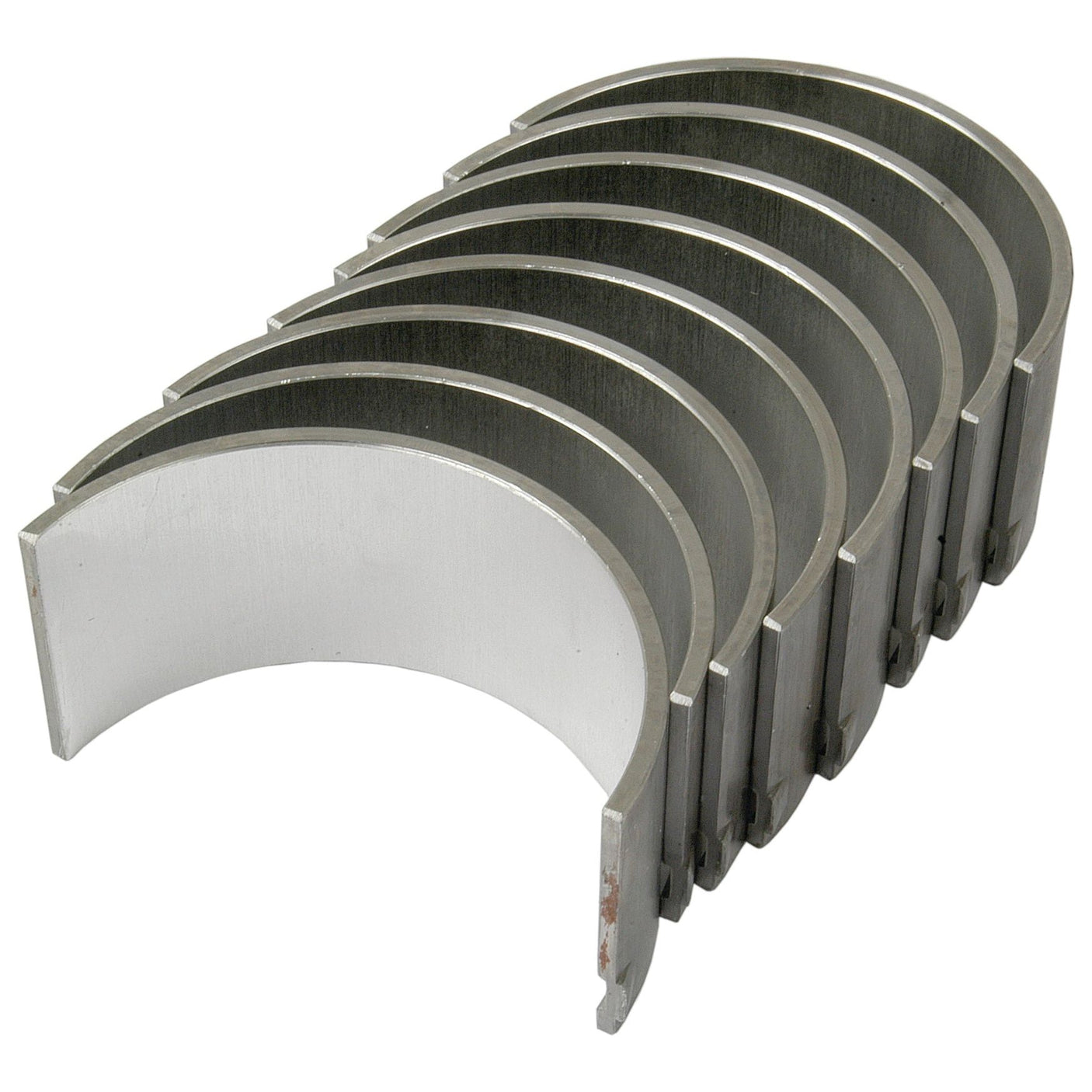 A set of seven metallic crescent-shaped engine bearings, specifically the Conrod Bearing +0.010'' (0.25mm) Set by Sparex, ideal for Ford New Holland tractors, arranged in a row on a white background.