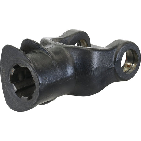 A close-up of a black mechanical part, possibly the PTO Yoke - Quick Release (U/J Size: 32 x 76mm, 1 3/4''-6 Spline), Sparex Part No. S.6521 by Sparex, featuring openings and grooves designed to attach to other components.