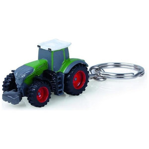 The Fendt - 1050 Vario Keyring - X991017186000, by AGCO, is a green and gray tractor-shaped keychain designed to resemble a scaled model of the Fendt 1050 Vario, featuring red wheels and attached to a sturdy metal key ring.