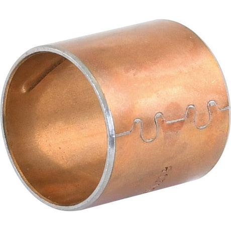 The Sparex Small End Bush, Sparex Part No. S.65235, is a cylindrical metallic bearing with an interior diameter of 34.7mm, featuring a copper exterior and a smooth finish. This bearing is ideal for Ford New Holland machinery and includes a slight indented ridge pattern along its length.