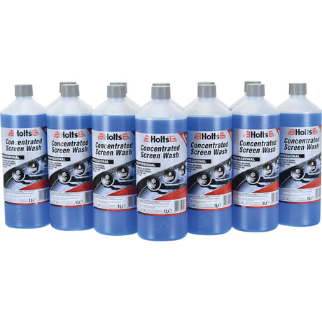 Image showing seven bottles of Holts Screen Wash (1 ltr(s)) - S.6524 by Sparex, each containing 1 liter of blue liquid. The labels indicate the brand and its use for cleaning car windshields. This concentrated windscreen washer is compliant with EU Methanol Regulation and prevents freezing, ensuring optimal performance during winter months.