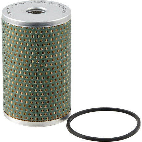 A cylindrical oil filter element, Sparex Part No. S.65278, with a perforated metal casing and an accompanying rubber O-ring next to it, designed to be compatible with tractors.