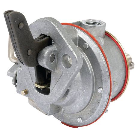 A Fuel Lift Pump Repair Kit from Sparex (Sparex Part No.S.65282) features a metallic mechanical fuel lift pump with a black lever and a red ring, specifically designed for internal combustion engines commonly used in Ford New Holland or John Deere equipment.