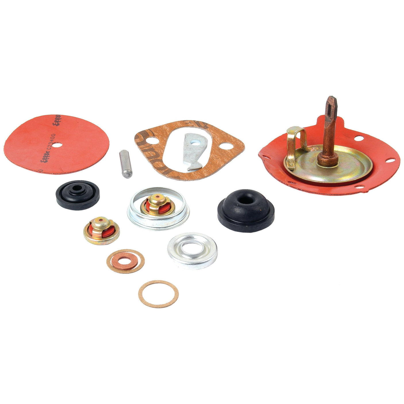 A collection of Sparex carburetor parts, including gaskets, a needle valve, a diaphragm, screws, and other small components arranged on a white background. Perfect for Ford New Holland enthusiasts needing the comprehensive Fuel Lift Pump Repair Kit by Sparex (Part No. S.65285).