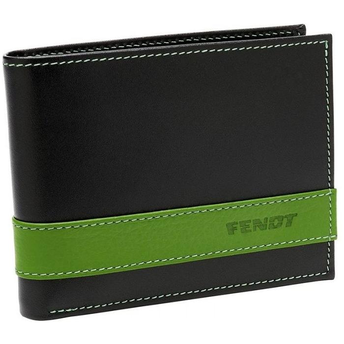 AGCO's Fendt Wallet (X991017180000) is a handmade black leather wallet featuring a green accent band and stitching, embossed with the word "Fendt".