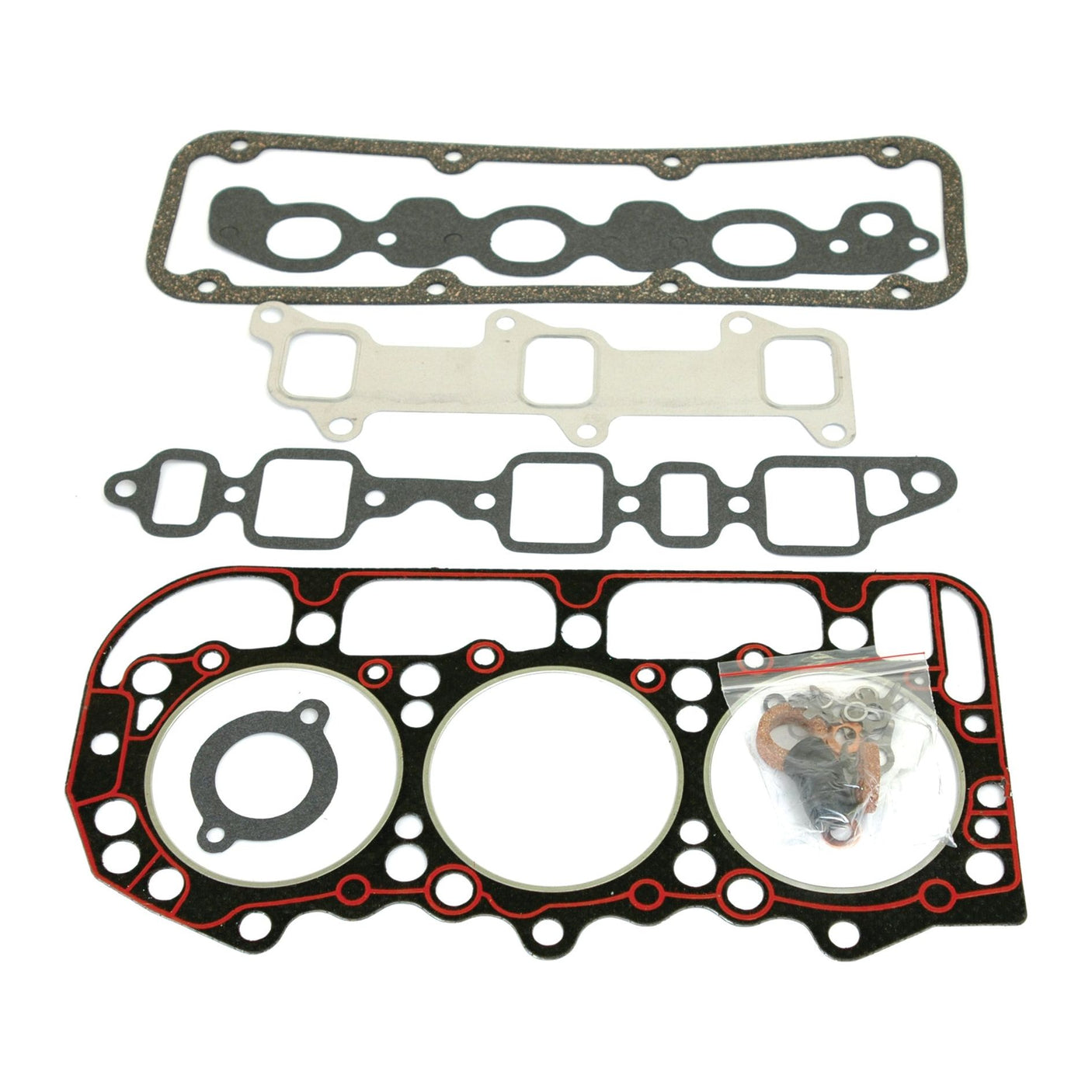 A collection of various gaskets and seals, including head gaskets and other automotive components, arranged on a white background. Featured in this assortment is the Sparex Top Gasket Set - 3 Cyl. (BSD333) | Sparex Part No.S.65293 for the Ford Engine.