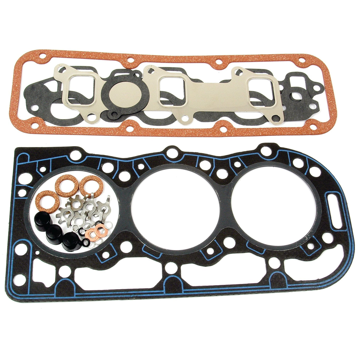 The Top Gasket Set - 3 Cyl. by Sparex, part number S.65295, includes two engine gaskets featuring multiple small holes and large circular openings, accompanied by various small washers and seals for a Ford engine.
