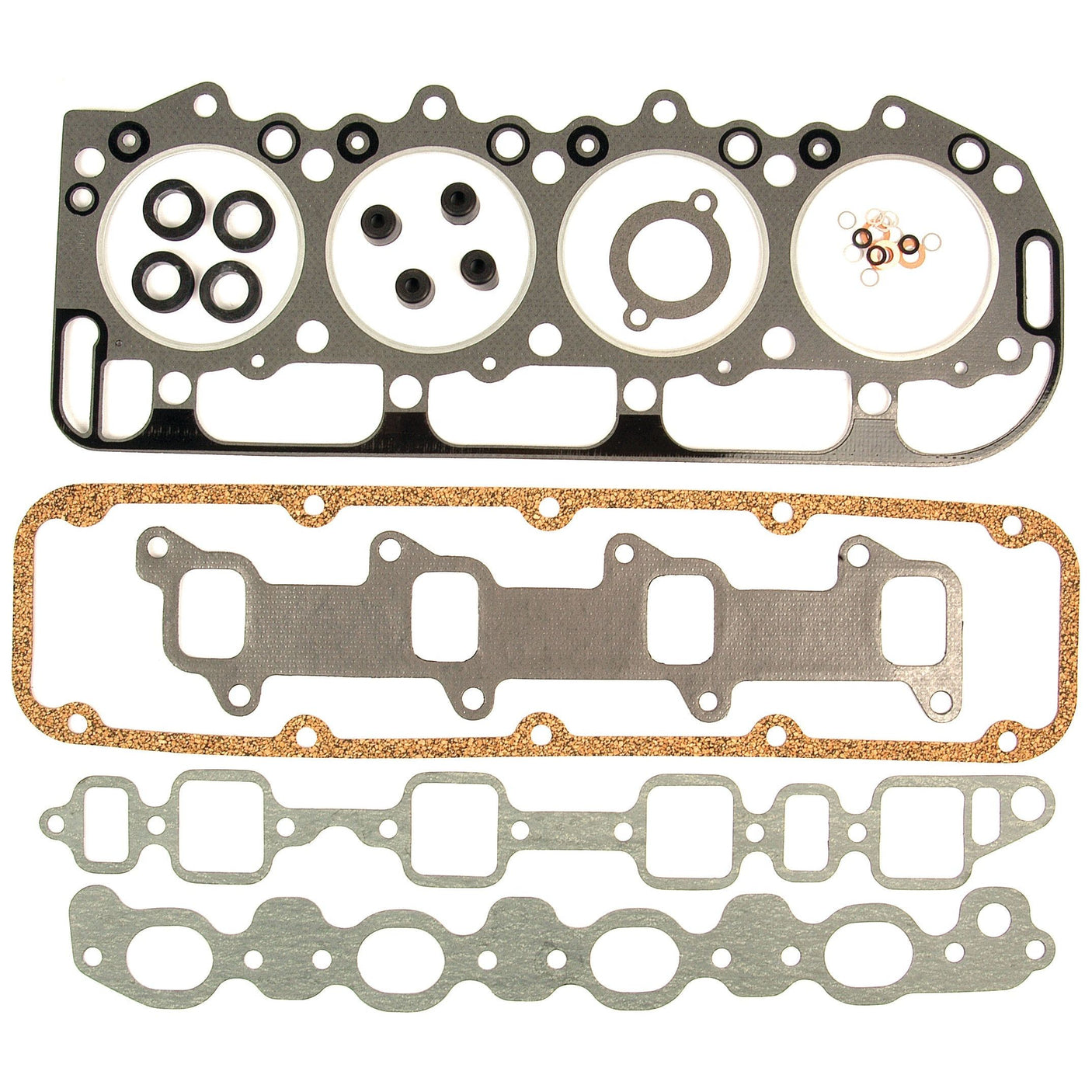 A Sparex Top Gasket Set - 4 Cyl. (BSD442) for a Ford Engine, including head gaskets and valve cover gaskets, laid out on a white background. Sparex Part No.S.65296.