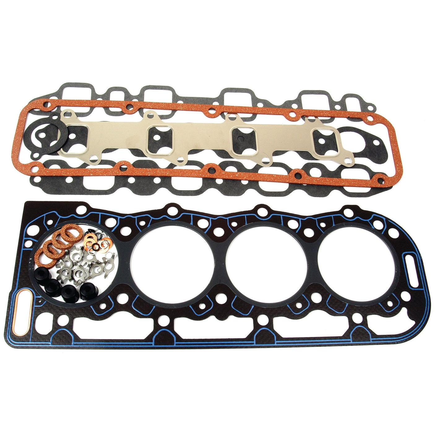 Two automotive gaskets, one metal and one rubber, from the Sparex Top Gasket Set - 4 Cyl. (BSD442, BSD444, BSD444T, PowerStar 4.4, PowerStar 5, PowerStar 5.0T) | Sparex Part No.S.65297 for a Ford Engine, with accompanying bolts and washers, arranged on a white background.