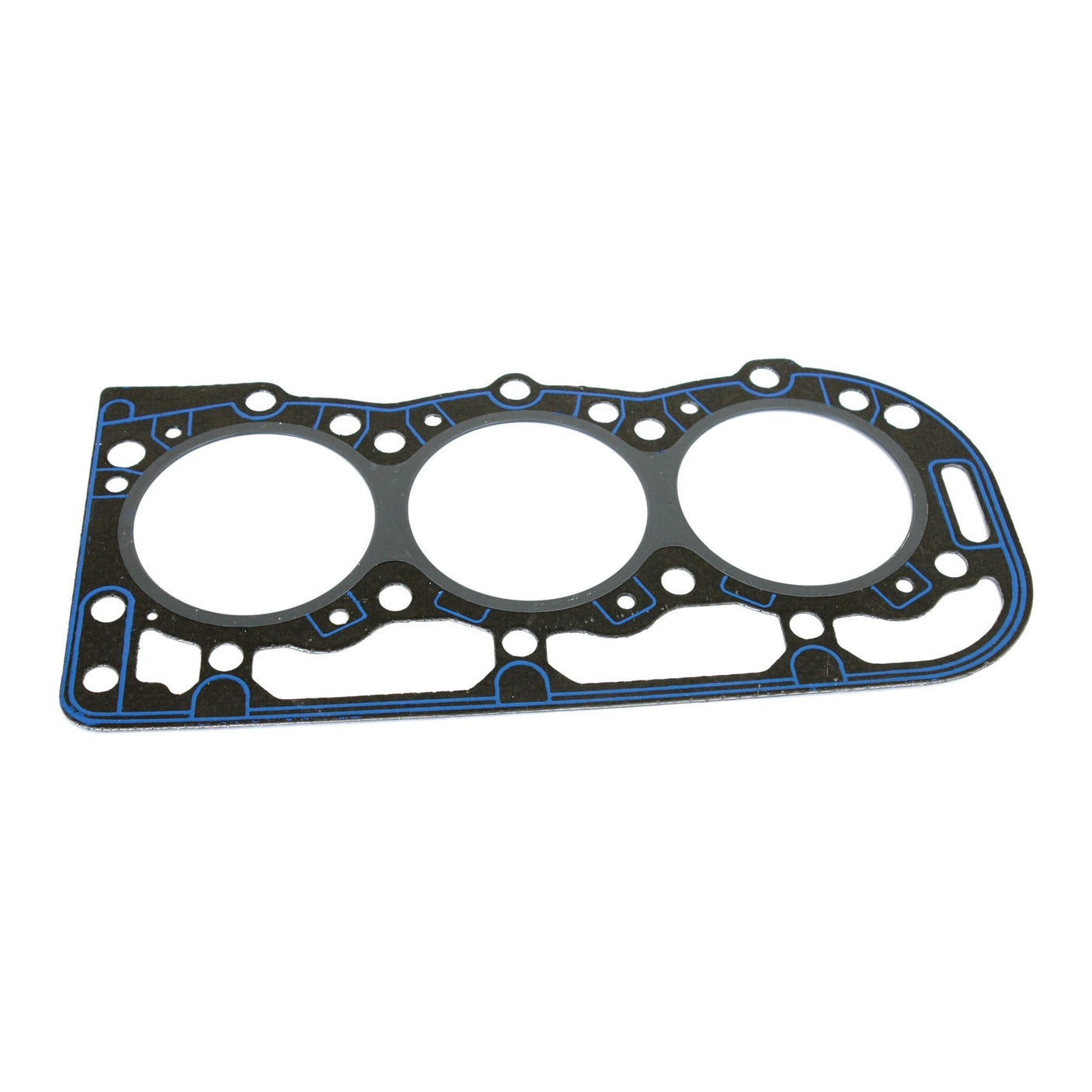 The Sparex Head Gasket - 3 Cyl. (BSD326, BSD329, BSD332, BSD333, BSD666, PowerStar 5.0T, PowerStar 7.5), identified by part number S.65303, is a flat gasket featuring three holes with black and blue detailing. It is specifically designed for sealing the cylinder head in Ford engines and ensures optimal performance and durability in internal combustion engines.