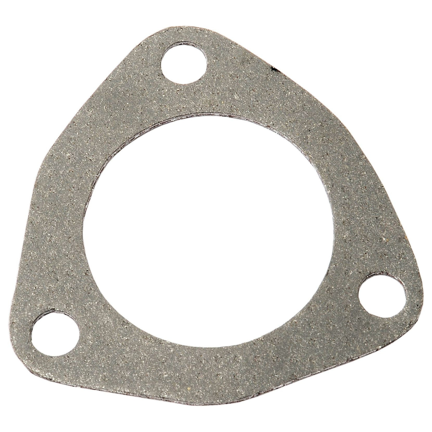 A Sparex Exhaust Manifold Gasket (Sparex Part No. S.65309), colored gray and featuring a triangular design with a central circular hole and three evenly spaced bolt holes, is perfect for New Holland and Ford Engine applications.