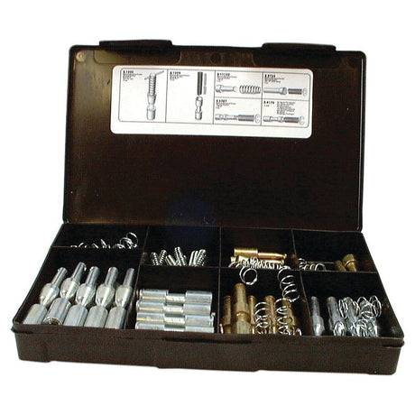 A black plastic box labeled as PTO Yoke Pin Kit (Handipak 38 pcs.) - Sparex Part No. S.6530 is open, displaying its organized compartments containing assorted metal fasteners and springs, along with a parts guide affixed to the lid.