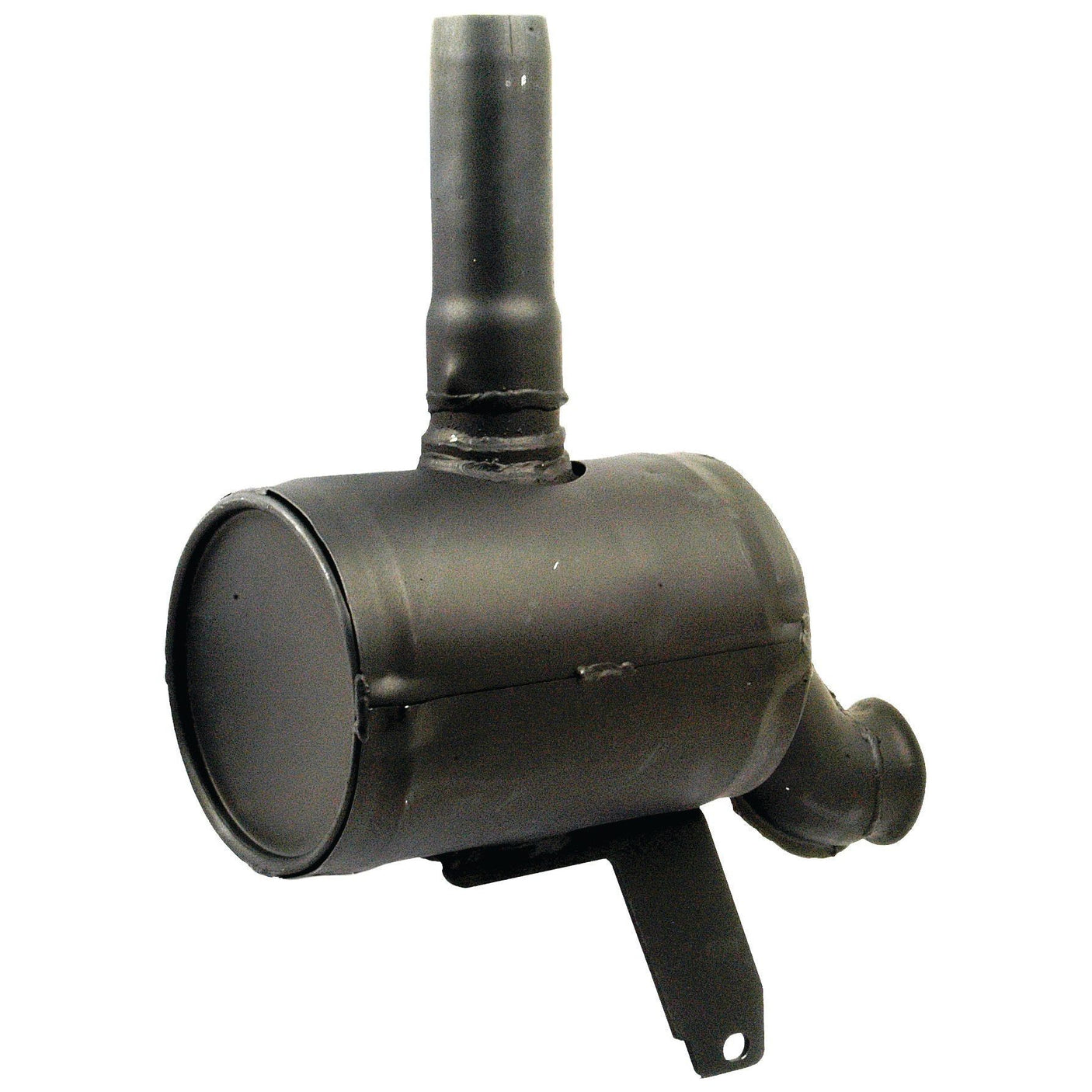 The Sparex Silencer - Underhood - S.65312 is a black cylindrical exhaust silencer featuring two outlets—one vertical and one angled downward. It is coated in heat-resistant paint and mounted on a bracket.