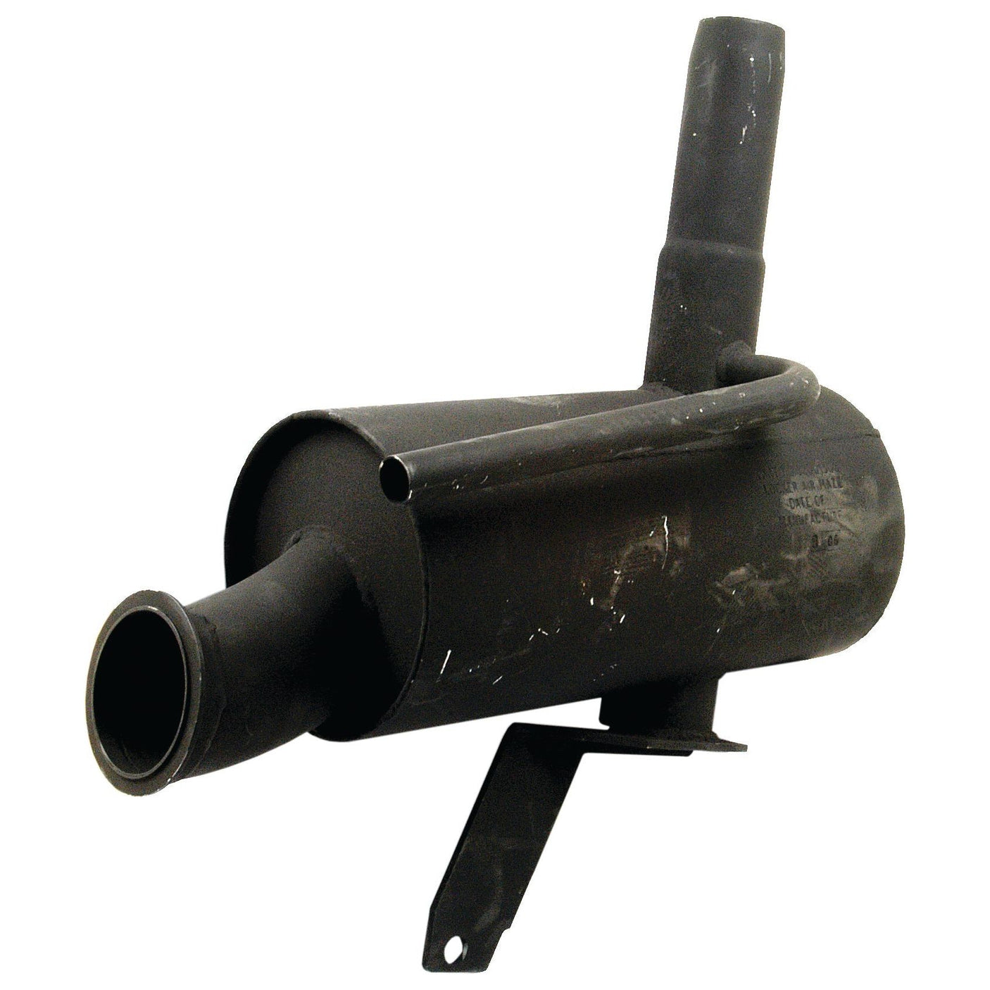 The Sparex Silencer - Underhood - S.65313 is a black metal automotive muffler with a cylindrical main body and two exhaust pipes extending from each end, coated in heat-resistant paint.
