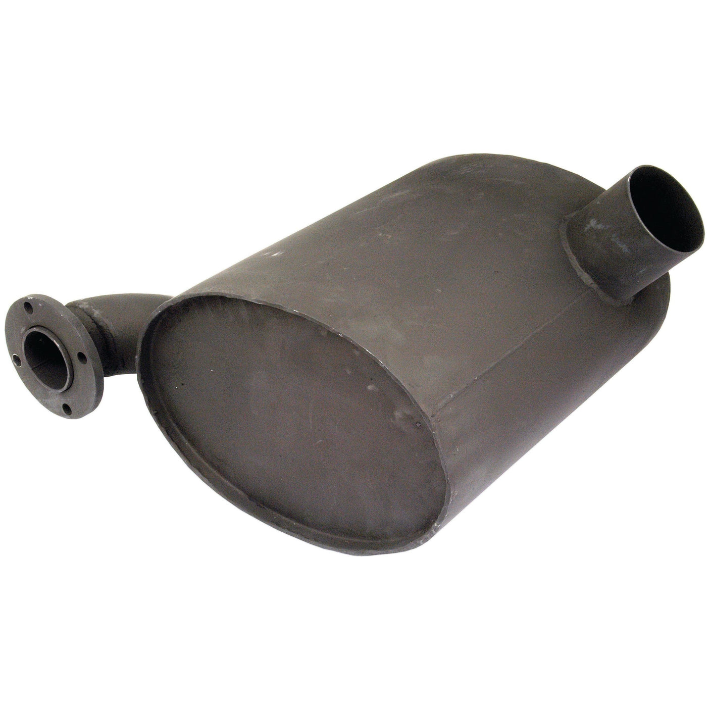 An image of the Sparex Silencer - Underhood - S.65314, a black cylindrical automotive muffler treated with heat-resistant paint, featuring an inlet pipe on one end and an outlet pipe on the other.