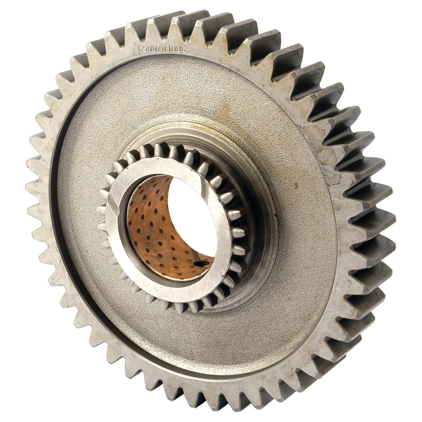 Transmission Gear - 1st by Sparex (Sparex Part No. S.65338), a metal gear with interlocking teeth, featuring a central circular hub and an inner cylindrical bearing, designed to fit Ford / New Holland specifications.