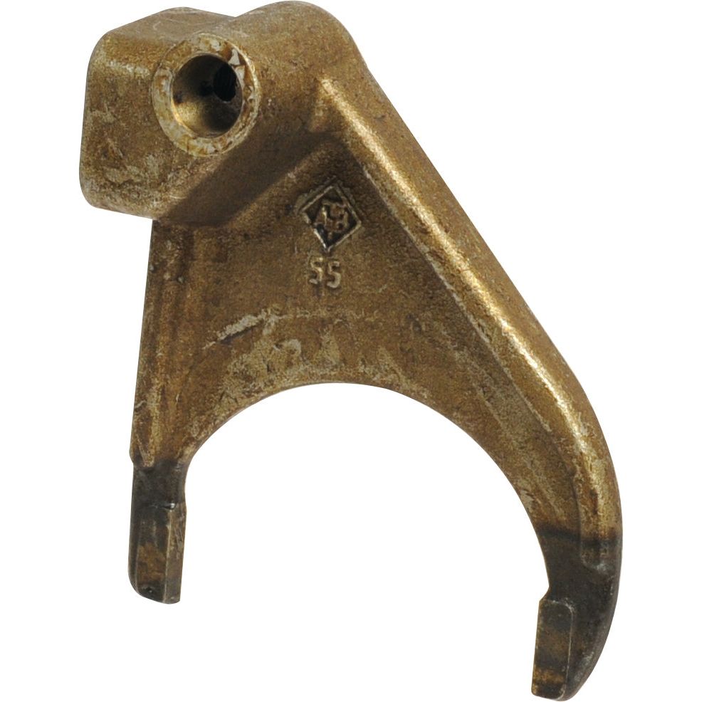 A Sparex Selector Fork, Part No. S.65339, features a brass-colored mechanical structure with a hook-like design and a small circular hole near the top. The slightly worn part is marked with the numbers "5" and "55," making it compatible with Ford/New Holland systems.