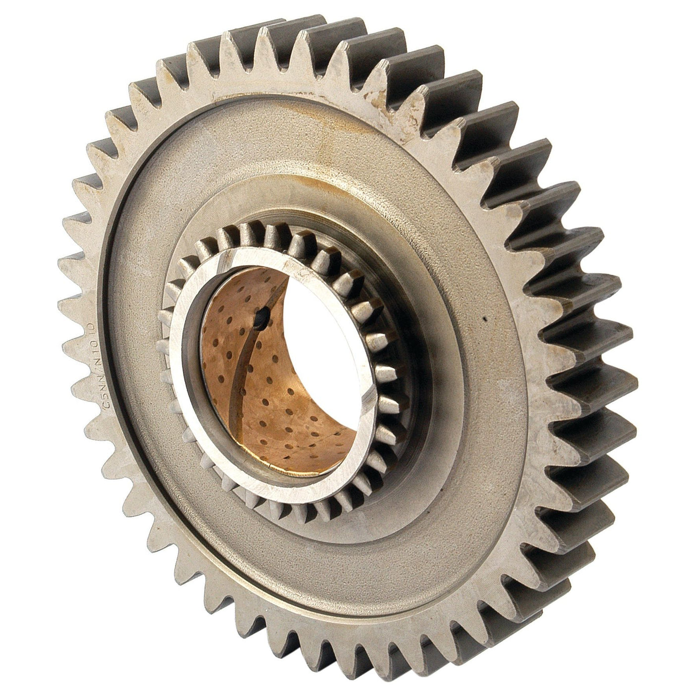 A large, metallic, circular gear with evenly spaced teeth around its outer edge and a central hole, designed for mechanical and industrial applications. Ideal for Ford New Holland machinery, the Sparex Transmission Gear - 3rd (Sparex Part No. S.65342) features a precise number of teeth to ensure optimal performance.