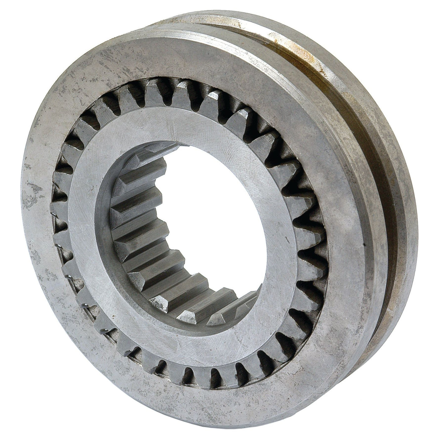 Close-up of the Coupling Gear (Sparex Part No. S.65346) with interlocking teeth and a circular central opening. The gear, branded by Sparex and possibly used in Ford New Holland machinery, appears industrial and slightly worn, indicating prior use.