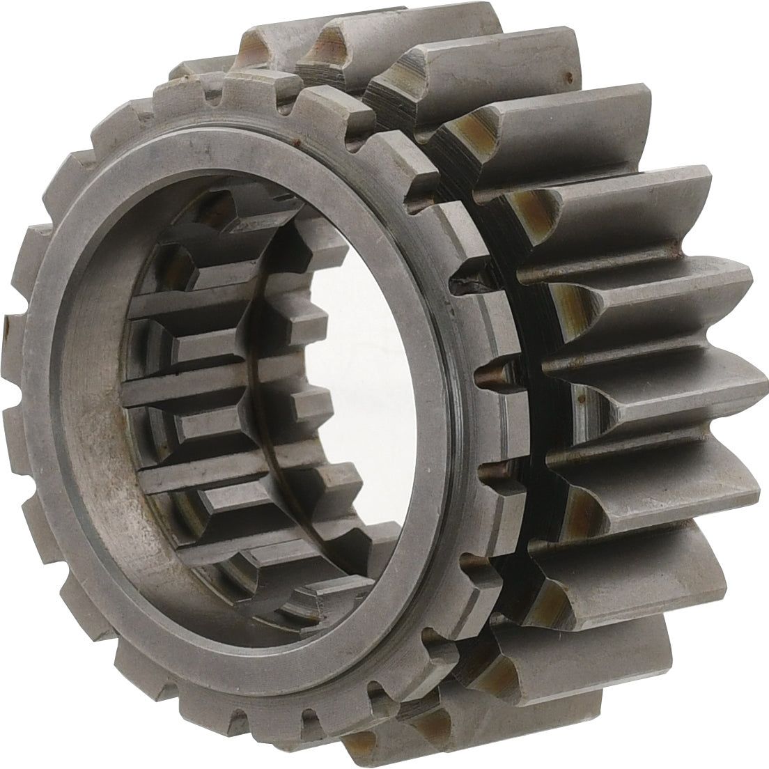 A metal gear with interlocking teeth, commonly utilized in machinery or mechanical systems, similar to the Sliding Coupling (Sparex Part No. S.65348) found in Ford New Holland tractors. This gear features a cylindrical shape with sharply angled edges and is offered under the Sparex brand.