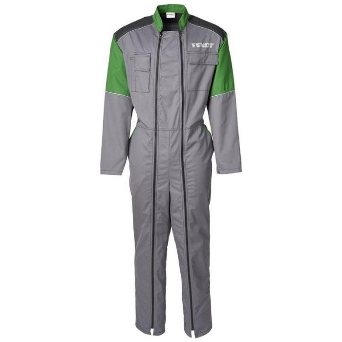 A gray and green coverall from AGCO, featuring multi-purpose pockets and a logo on the left chest reading "Fendt," hangs without a visible person inside. Designed for increased safety, this Fendt - Overalls with double zip - X99101804C incorporates a double zip overall design.