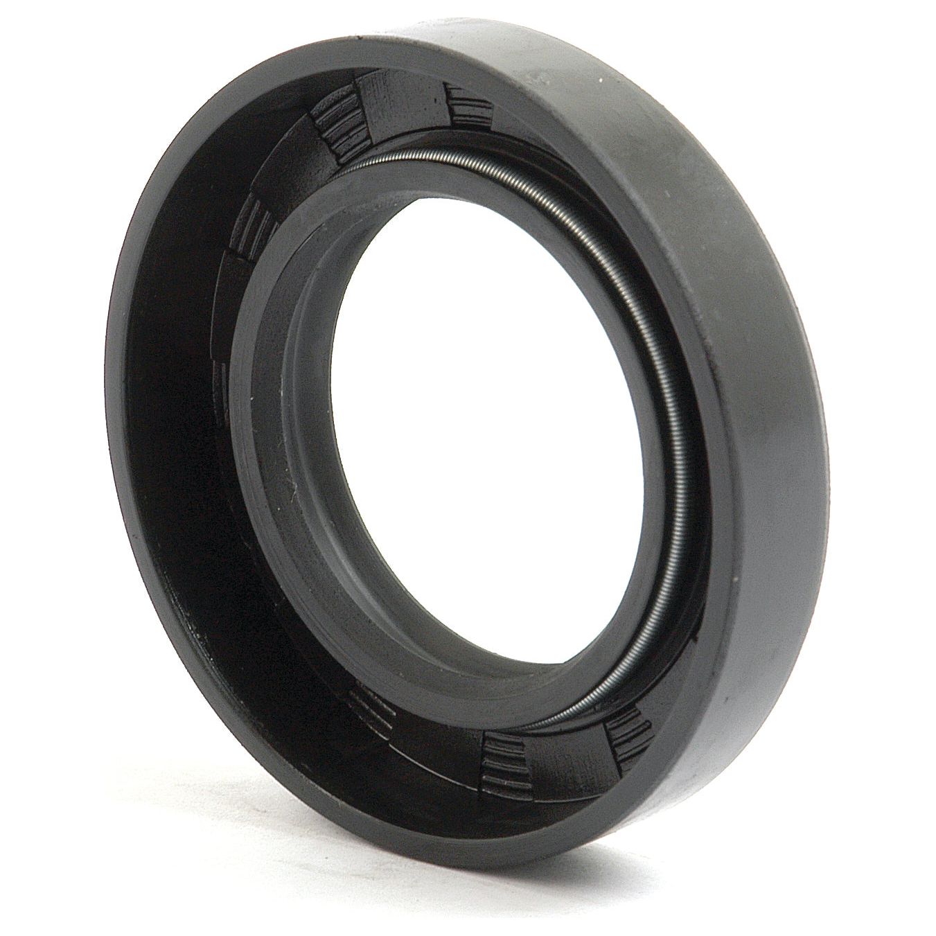 Here's a close-up of the Sparex Imperial Rotary Shaft Seal, part number S.65360, measuring 1 1/2'' x 2 1/2'' x 1/2''. This black rubber oil seal features a metal spring around its inner circumference and a double lip design, ideal for preventing oil leakage in machinery such as Ford / New Holland equipment.