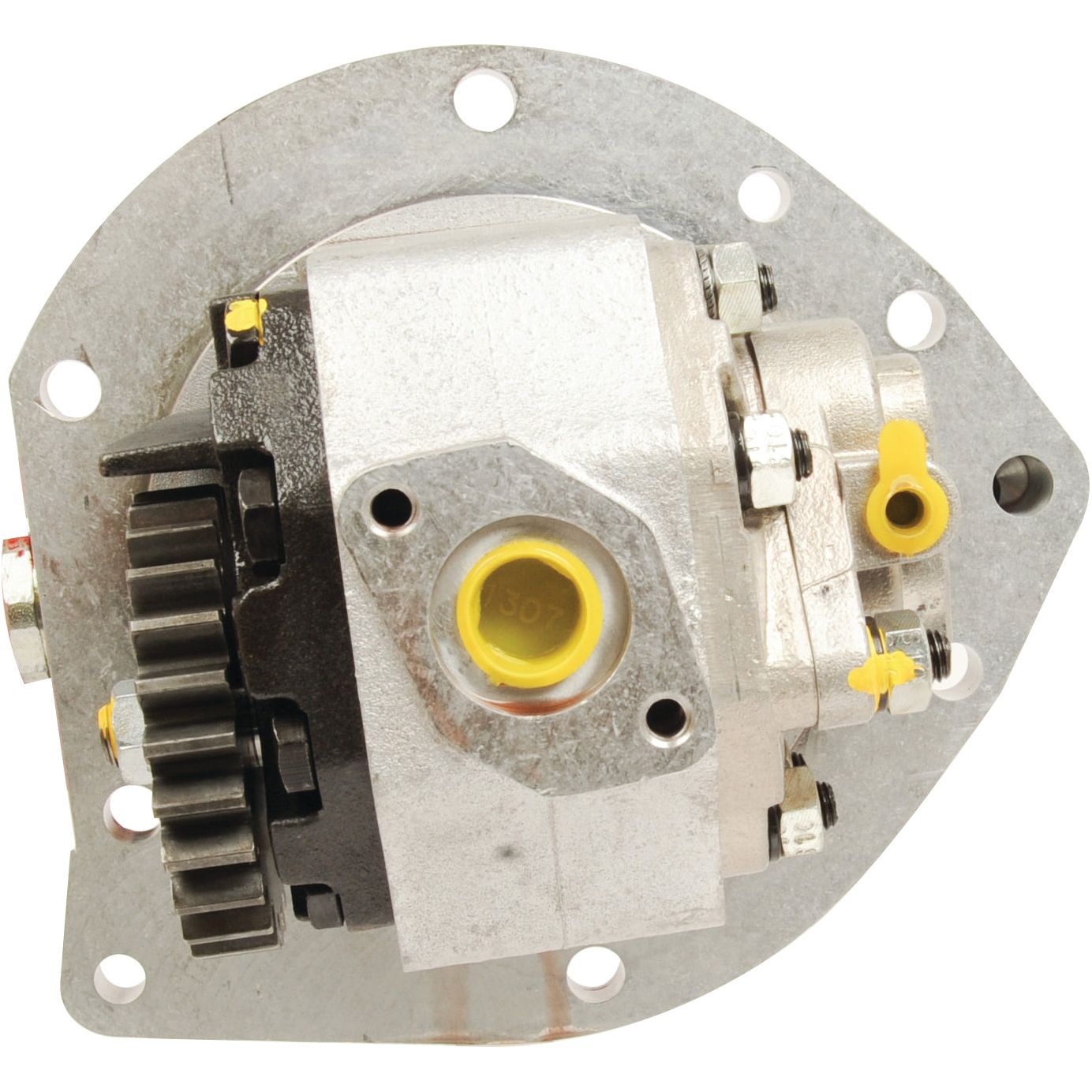 The product, known as the Hydraulic Pump (Sparex Part No. S.65383) by Sparex, is a mechanical component featuring various gears, bolts, and connectors with yellow and black accents. It is part of a transmission-mounted system on a circular metal base that has multiple holes for attachment.