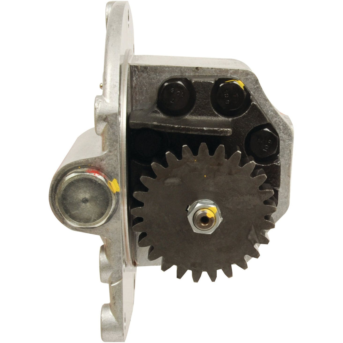 Close-up view of the Sparex Hydraulic Pump (Sparex Part No.S.65383), prominently featuring a toothed gear in the center, housed within a transmission-mounted structure with various bolts securing it.