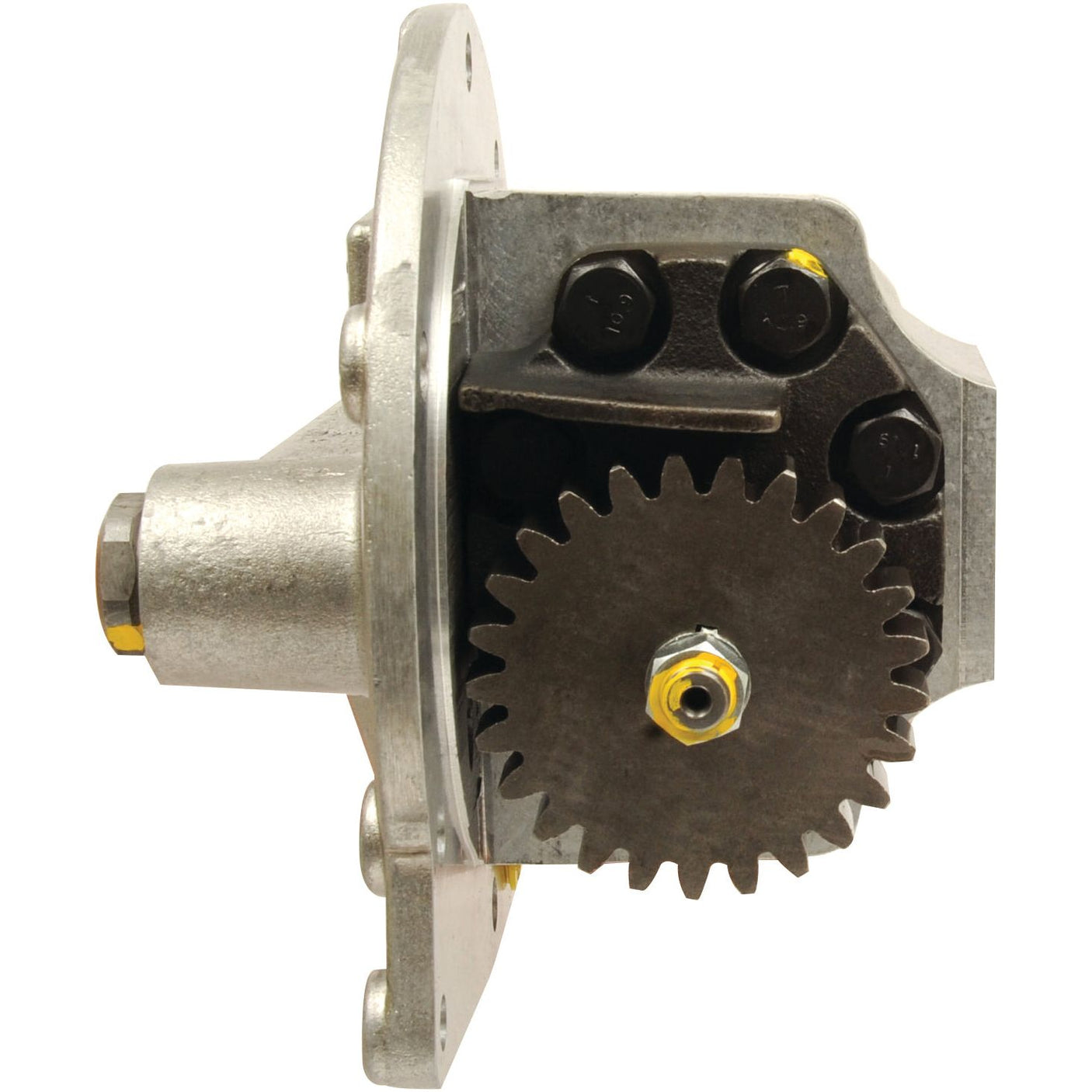 The Sparex Hydraulic Pump, part number S.65384, is a mechanical component that includes a large gear type, mounting plate, and housing with bolts. It appears to be part of an industrial machine likely connected to a hydraulic pump system.