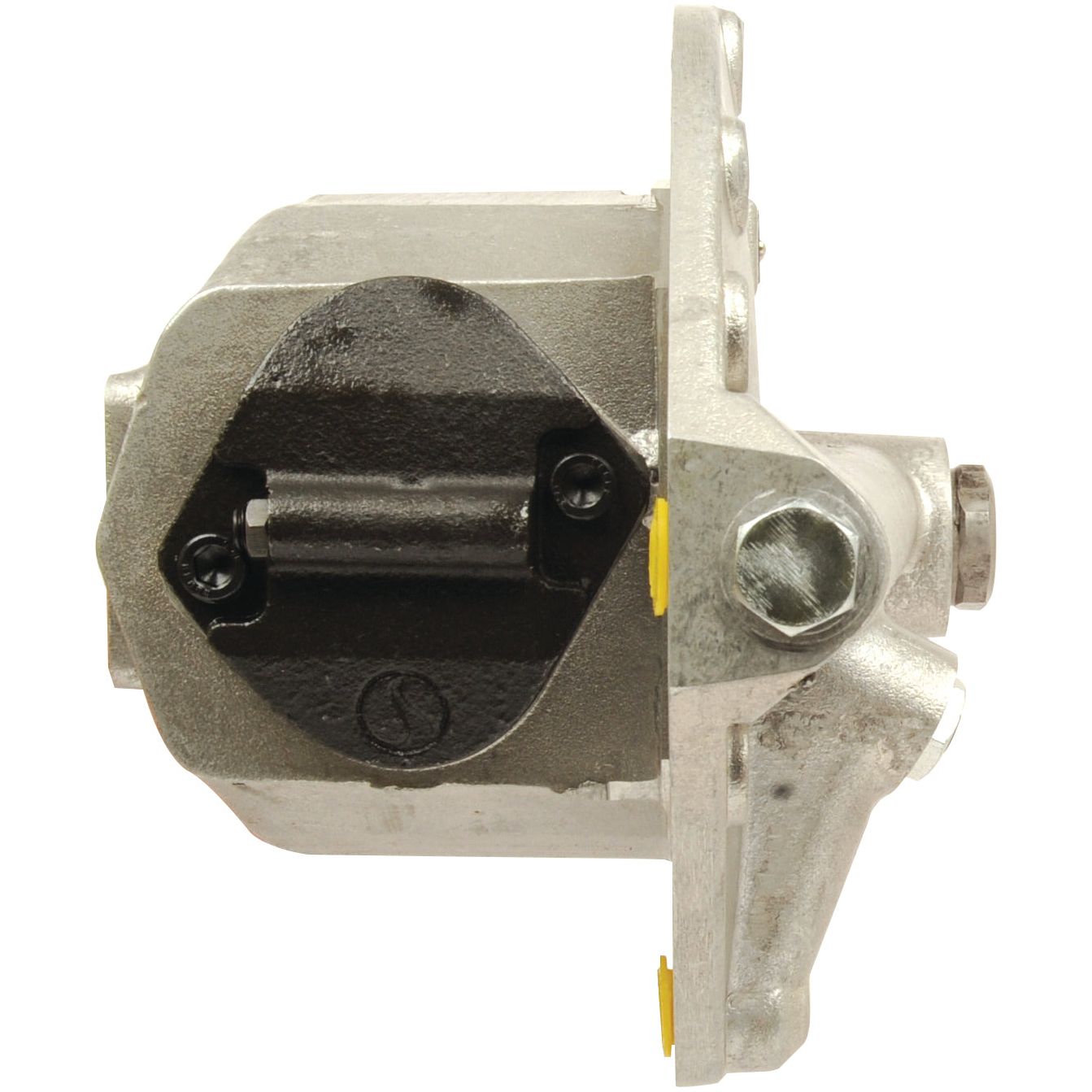 The Hydraulic Pump | Sparex Part No. S.65384 from the brand Sparex is a gear-type mechanical component with a metallic finish. It features a central black piece secured by screws and includes a mounting flange on one side.