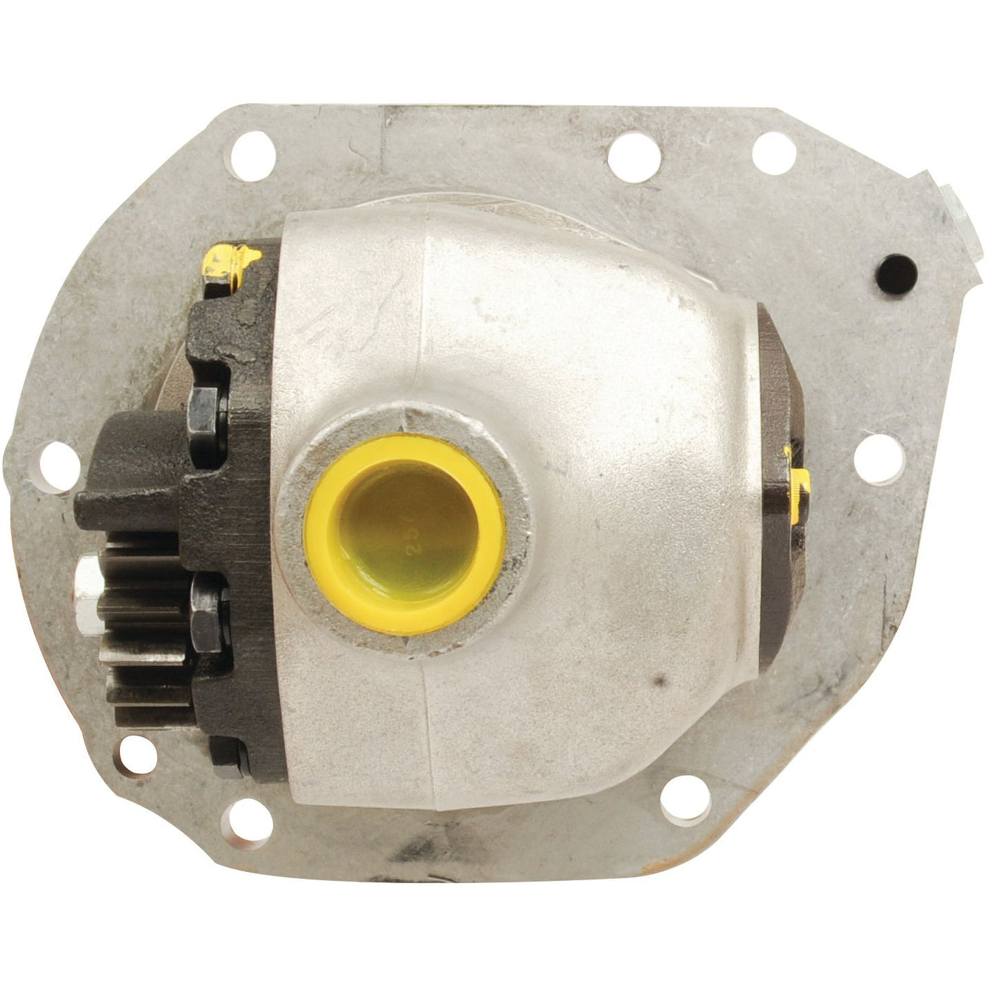 Close-up of the Sparex Hydraulic Pump (Sparex Part No. S.65387), featuring a yellow opening, black gear-like parts, and mounting holes on a flat metal plate, resembling elements typically found in an industrial metal component.