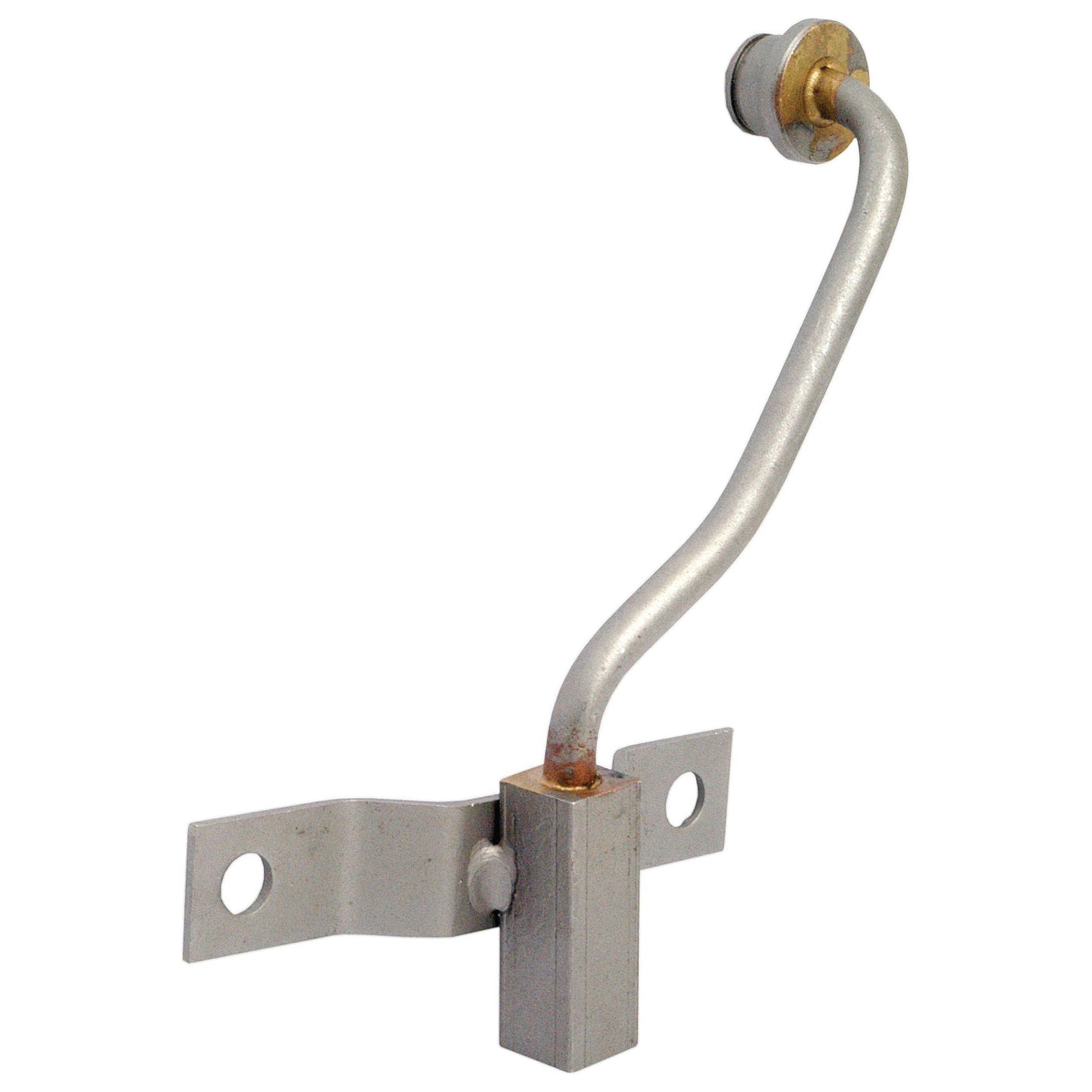 A metal L-shaped component with a mounting bracket featuring two holes and an extended curved tube ending in a rotating connector, specifically designed as the Transmission Tube Assembly for Ford / New Holland machinery, known as Sparex Part No. S.65399 under the Sparex brand.