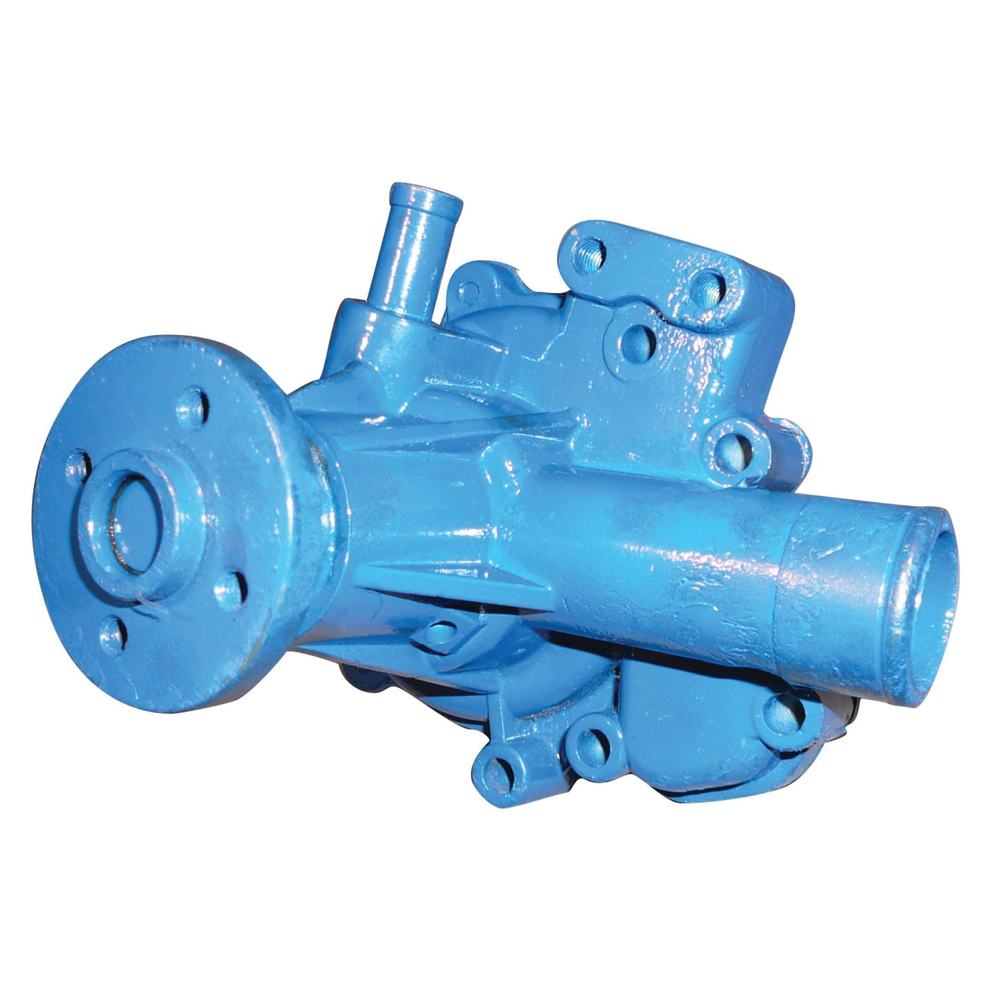 Image of the Sparex Water Pump Assembly (Part No. S.65405) featuring a blue finish, multiple mounting points, and a protruding cylindrical spout, suitable for Ford/NH models.